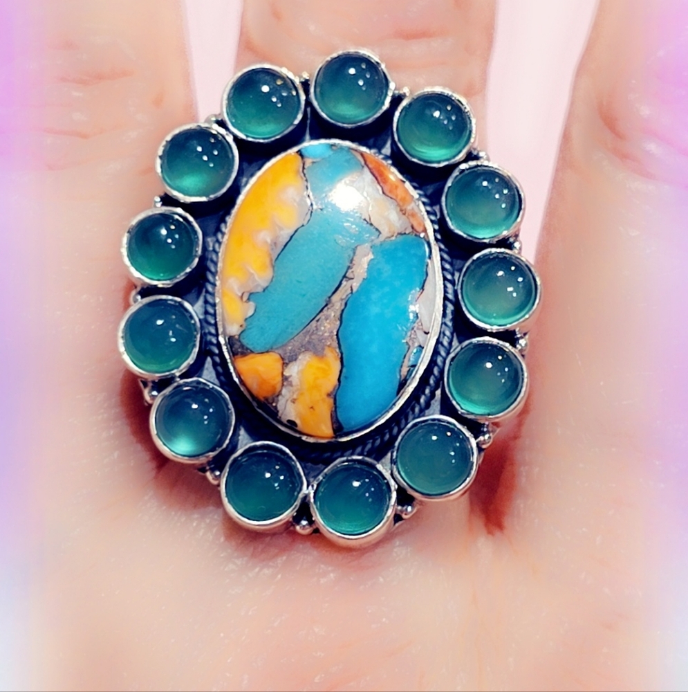 Spiny Turquoise & Green Onyx Sterling Gemstone Ring